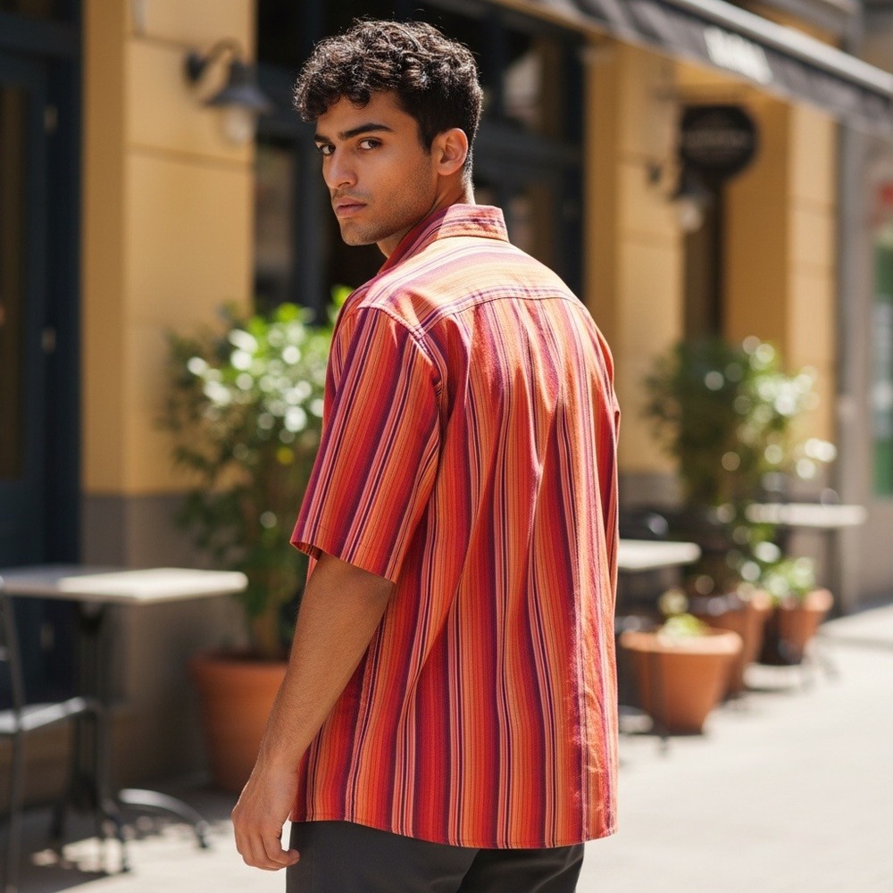 Vintage Whatzup Men's Striped Short Sleeve‎ Button Down Shirt Orange Red Size XL - Picture 2 of 8